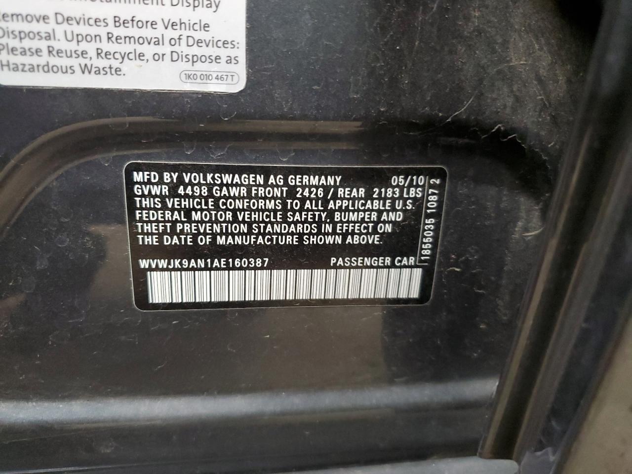 2010 Volkswagen Passat Komfort VIN: WVWJK9AN1AE160387 Lot: 76889324