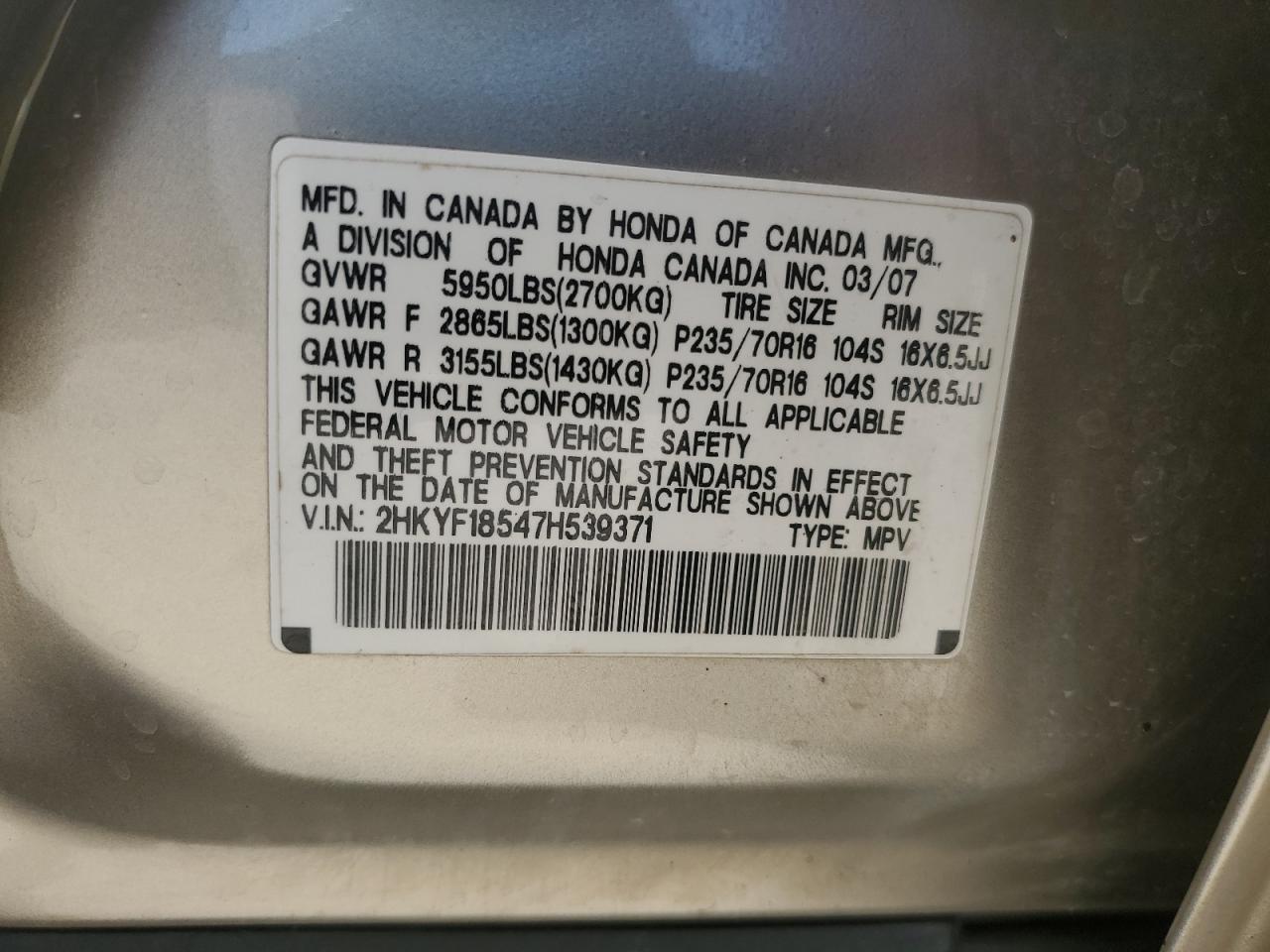 2007 Honda Pilot Exl VIN: 2HKYF18547H539371 Lot: 71599305