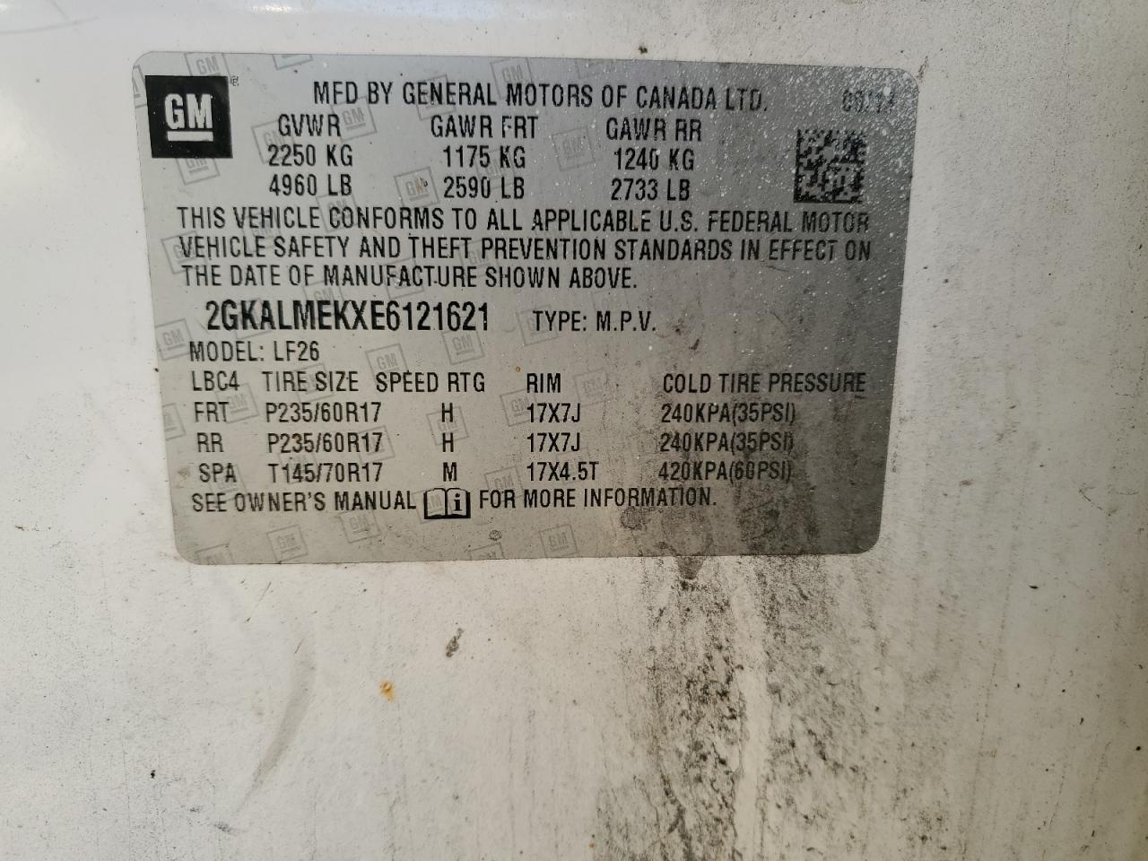 2014 GMC Terrain Sle VIN: 2GKALMEKXE6121621 Lot: 74706484