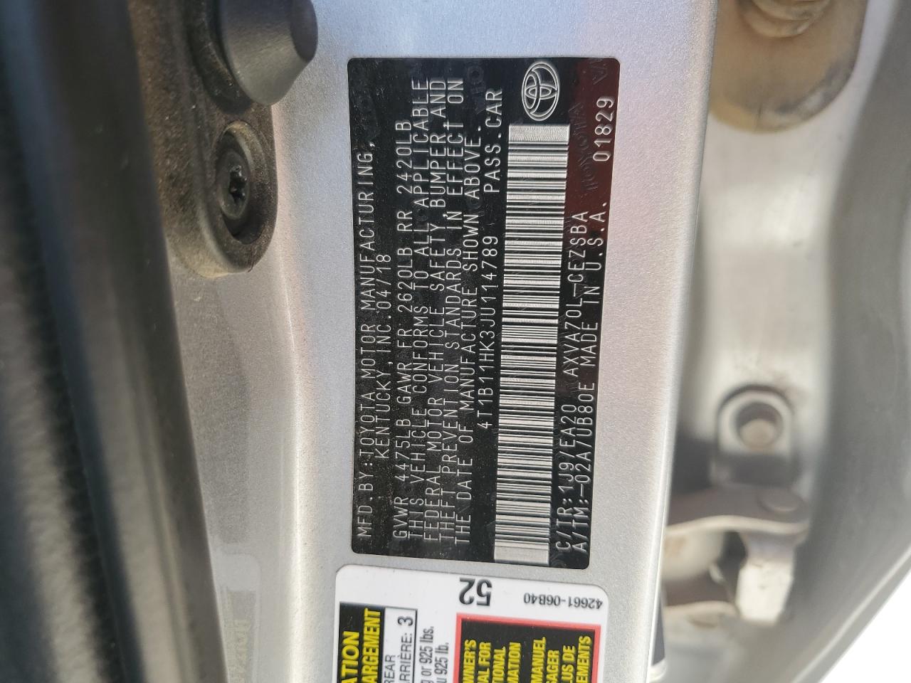 4T1B11HK3JU114789 2018 Toyota Camry L