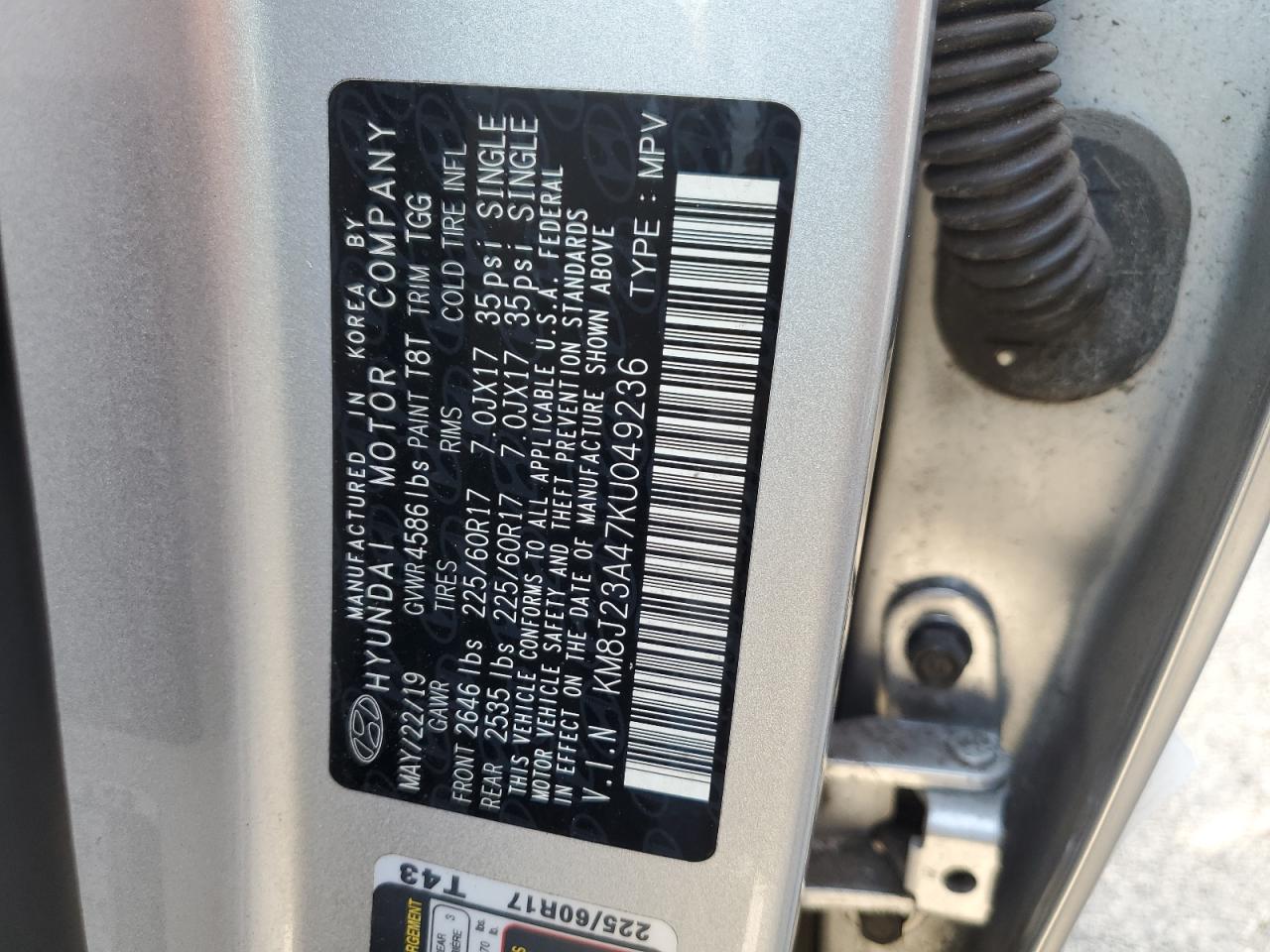 2019 Hyundai Tucson Se VIN: KM8J23A47KU049236 Lot: 73842764