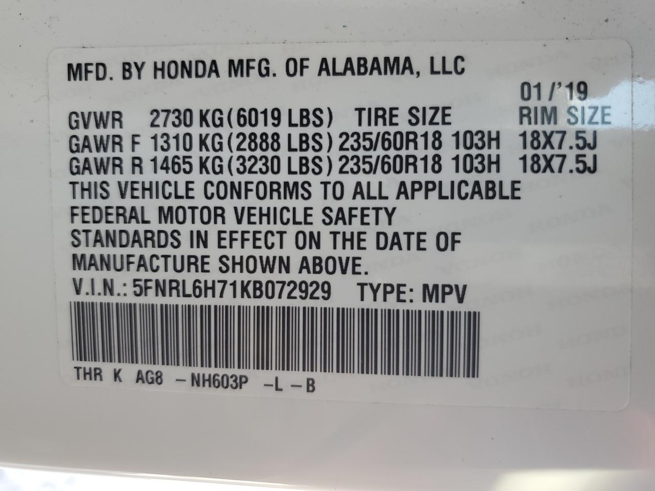 5FNRL6H71KB072929 2019 Honda Odyssey Exl