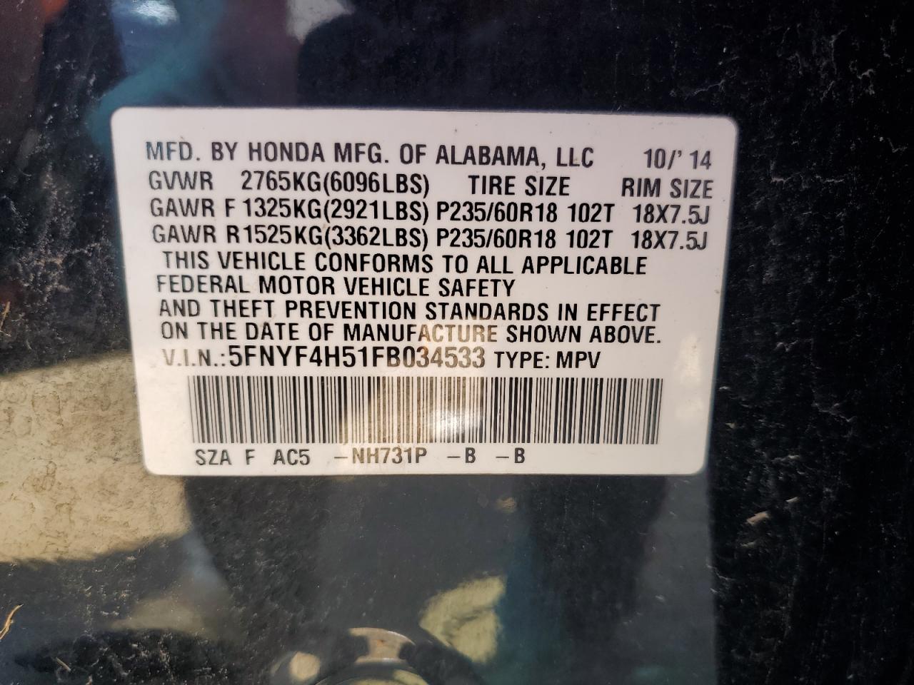 5FNYF4H51FB034533 2015 Honda Pilot Exl