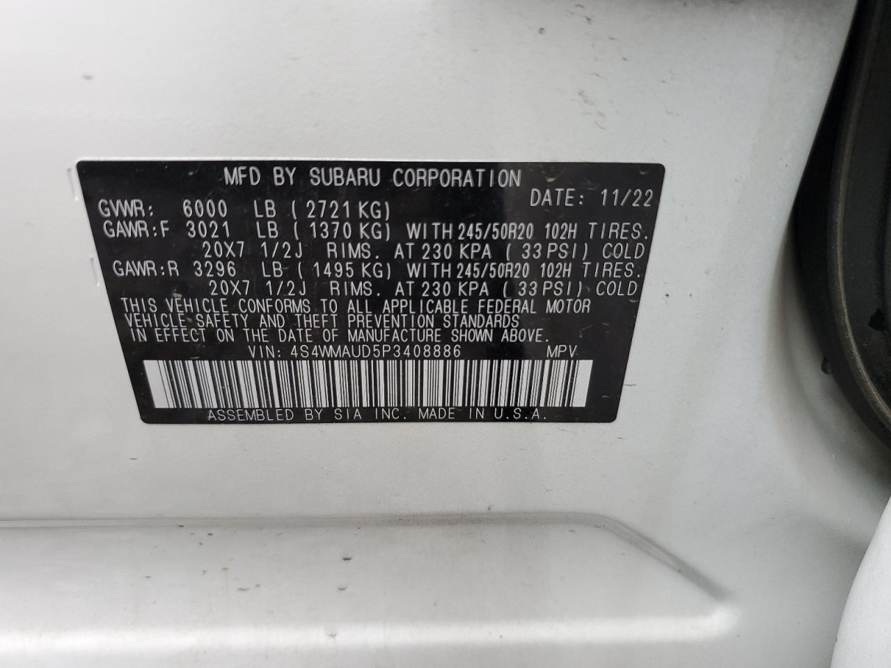 2023 Subaru Ascent Limited VIN: 4S4WMAUD5P3408886 Lot: 72066144