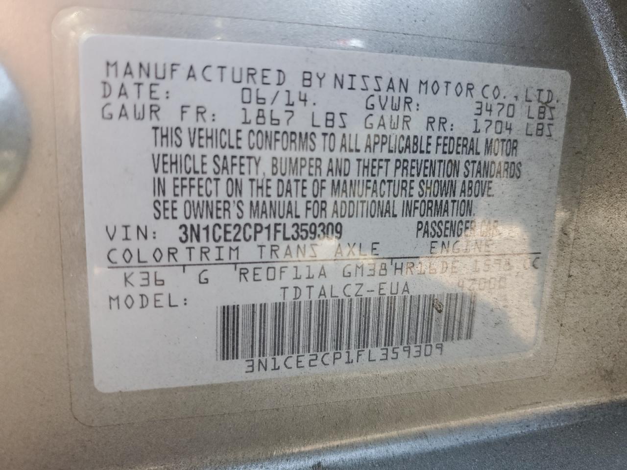 3N1CE2CP1FL359309 2015 Nissan Versa Note S