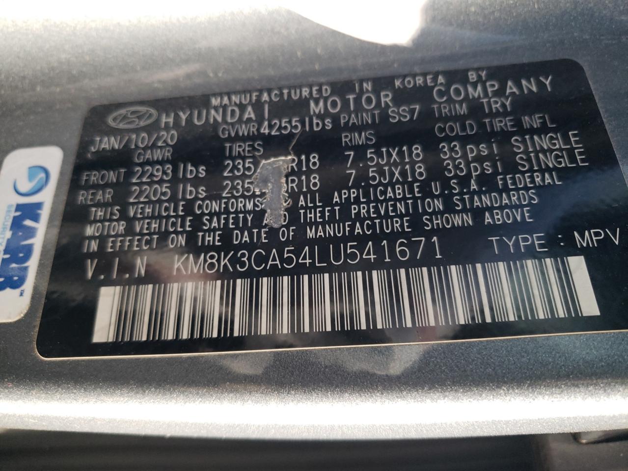 2020 Hyundai Kona Limited VIN: KM8K3CA54LU541671 Lot: 77572194