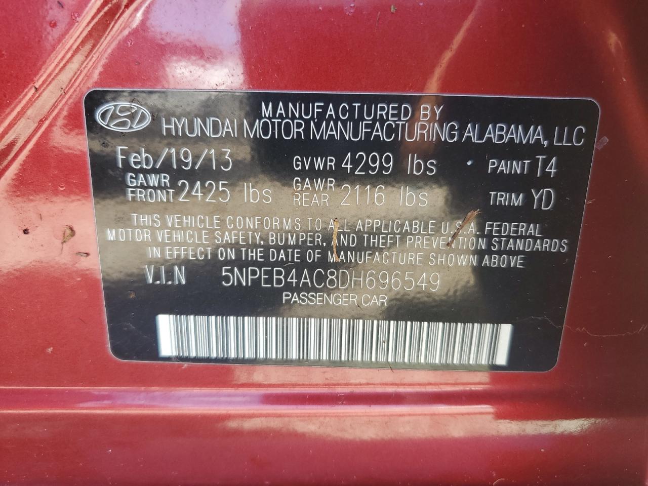 5NPEB4AC8DH696549 2013 Hyundai Sonata Gls