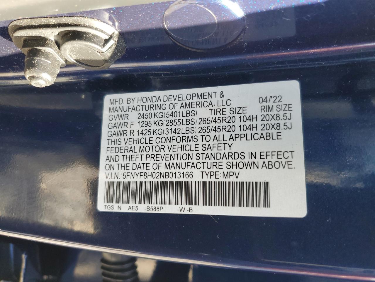 2022 Honda Passport Elite VIN: 5FNYF8H02NB013166 Lot: 75846264