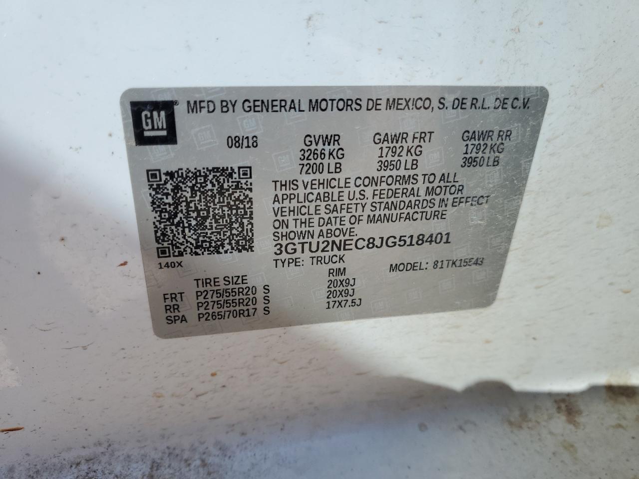 3GTU2NEC8JG518401 2018 GMC Sierra K1500 Slt