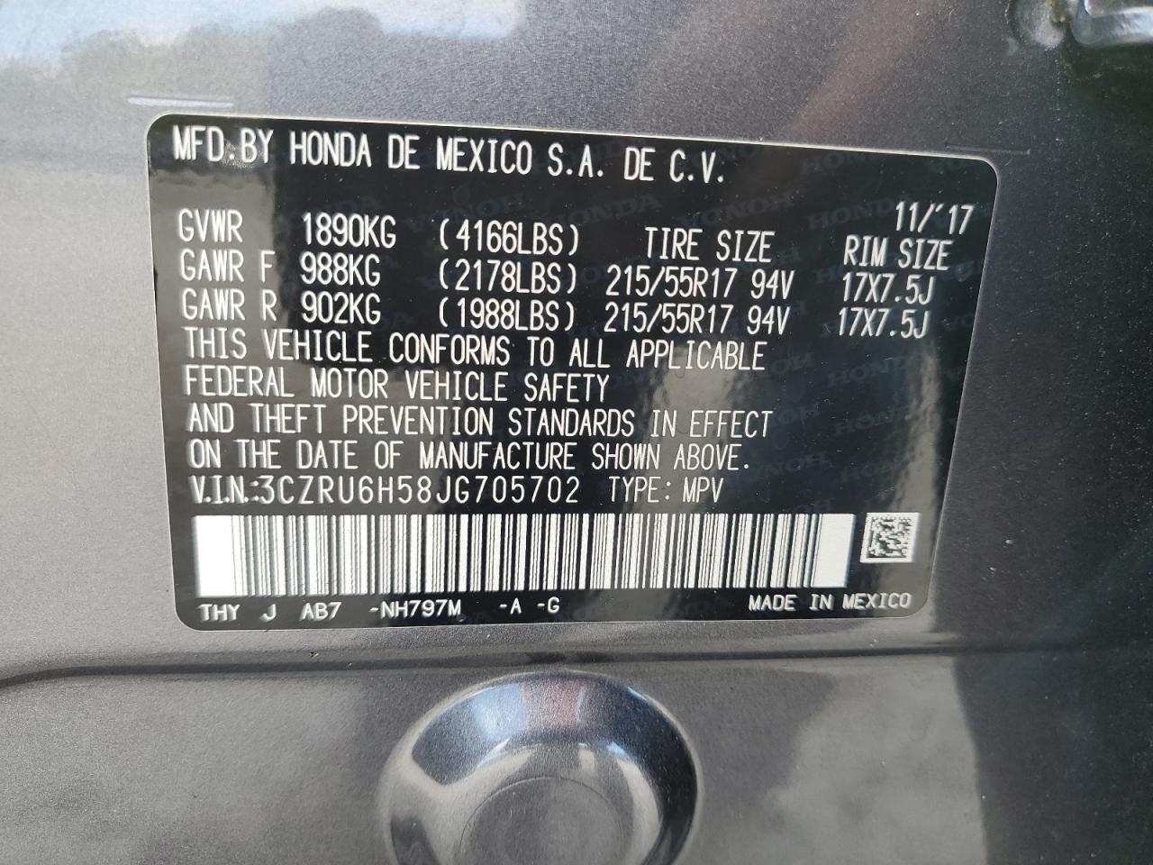 3CZRU6H58JG705702 2018 Honda Hr-V Ex