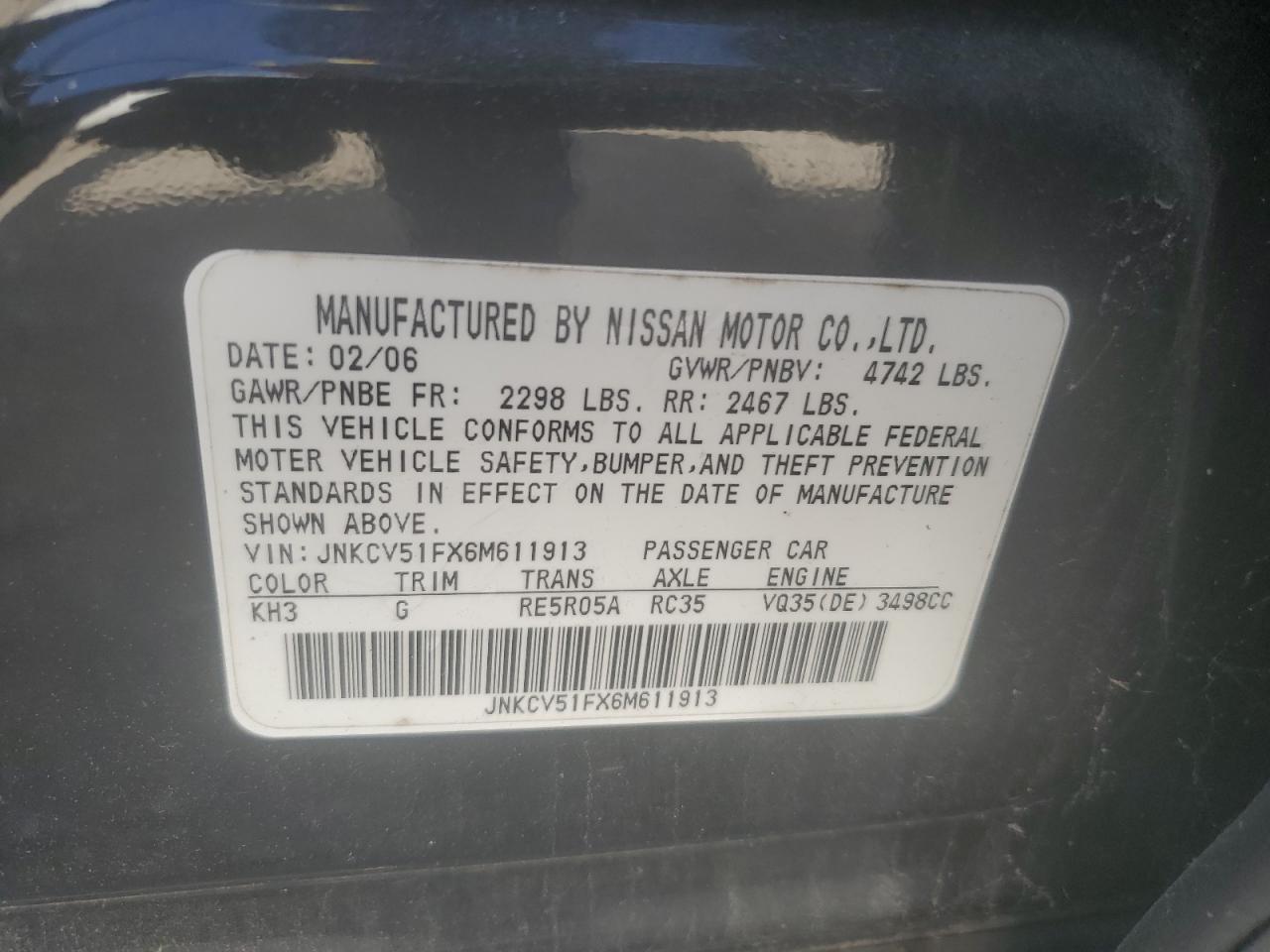 JNKCV51FX6M611913 2006 Infiniti G35