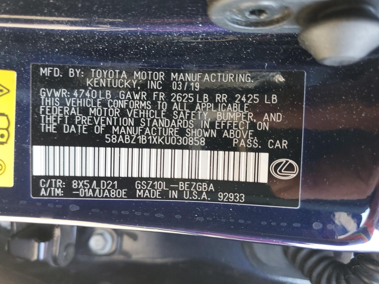 58ABZ1B1XKU030858 2019 Lexus Es 350