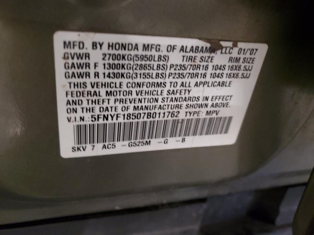 5FNYF18507B011762 2007 Honda Pilot Exl