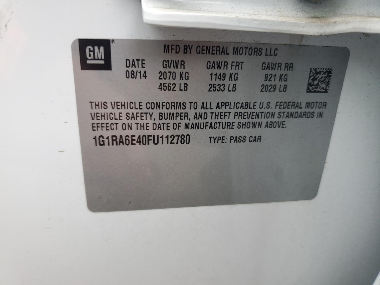 1G1RA6E40FU112780 2015 Chevrolet Volt