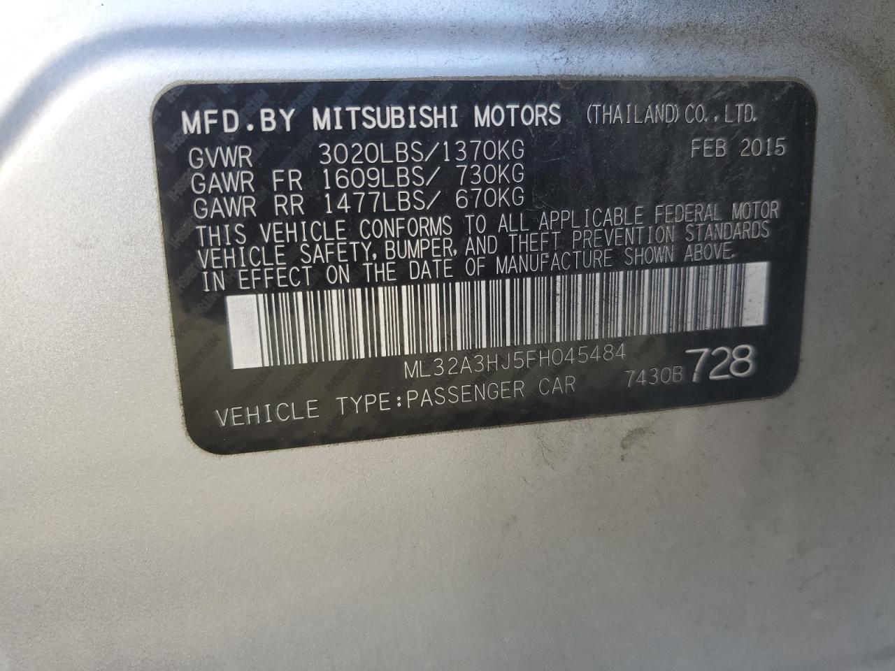 ML32A3HJ5FH045484 2015 Mitsubishi Mirage De