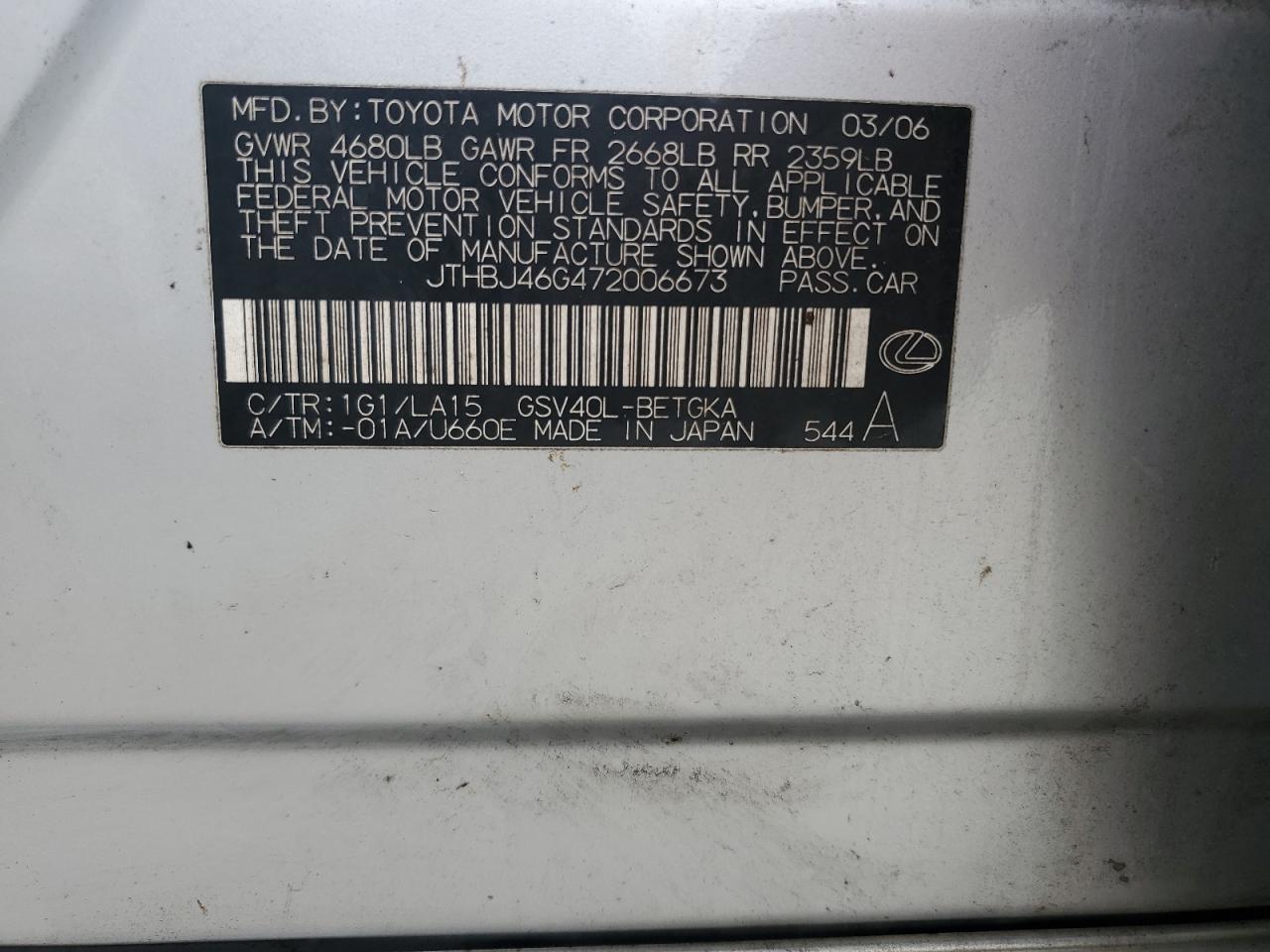 2007 Lexus Es 350 VIN: JTHBJ46G472006673 Lot: 74245414