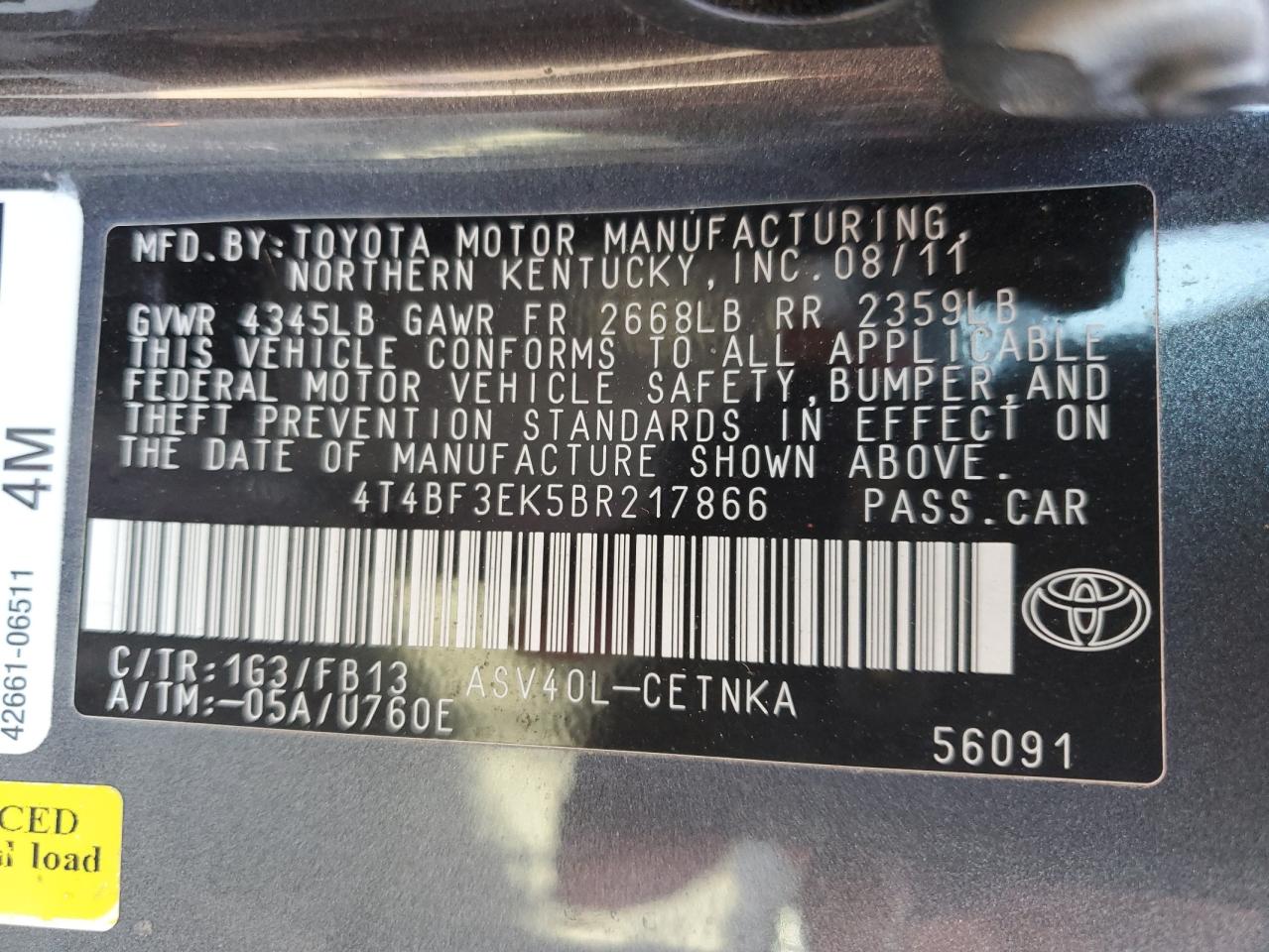 4T4BF3EK5BR217866 2011 Toyota Camry Base