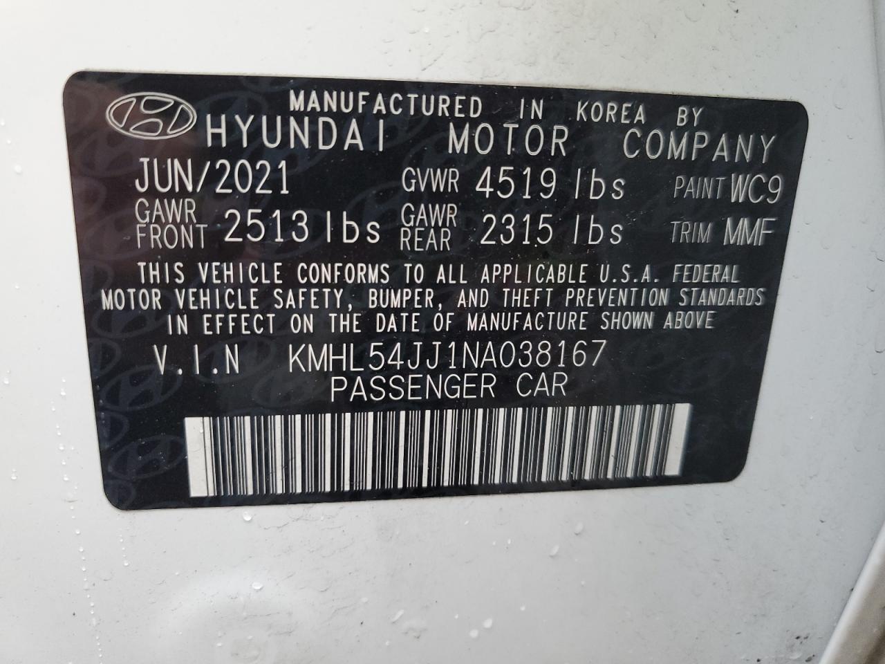 2022 Hyundai Sonata Hybrid VIN: KMHL54JJ1NA038167 Lot: 74285304