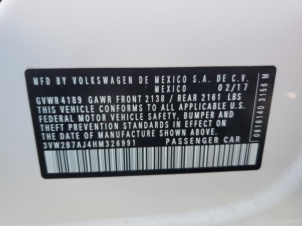 3VW2B7AJ4HM326991 2017 Volkswagen Jetta S