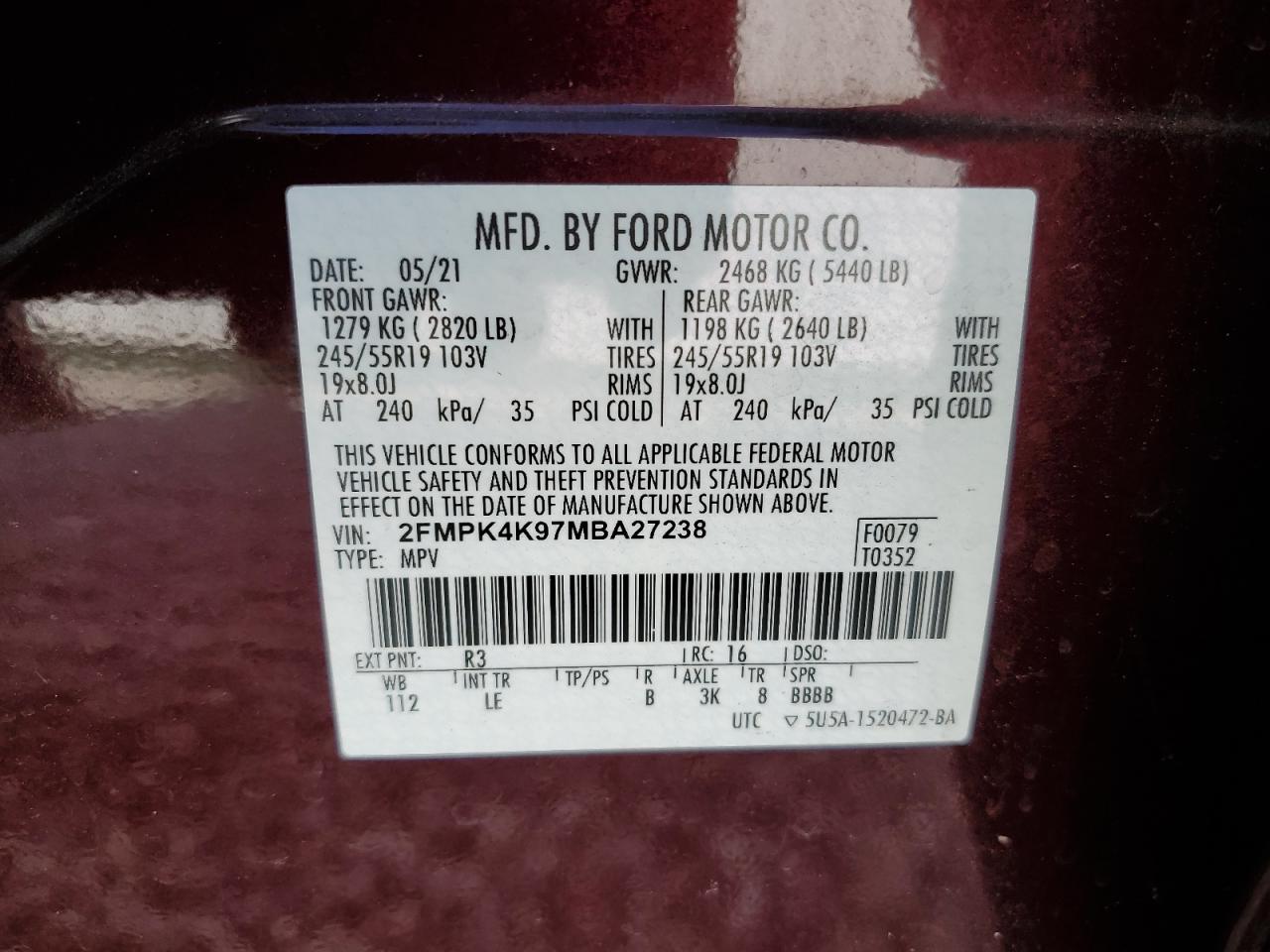 2021 Ford Edge Titanium VIN: 2FMPK4K97MBA27238 Lot: 77354954