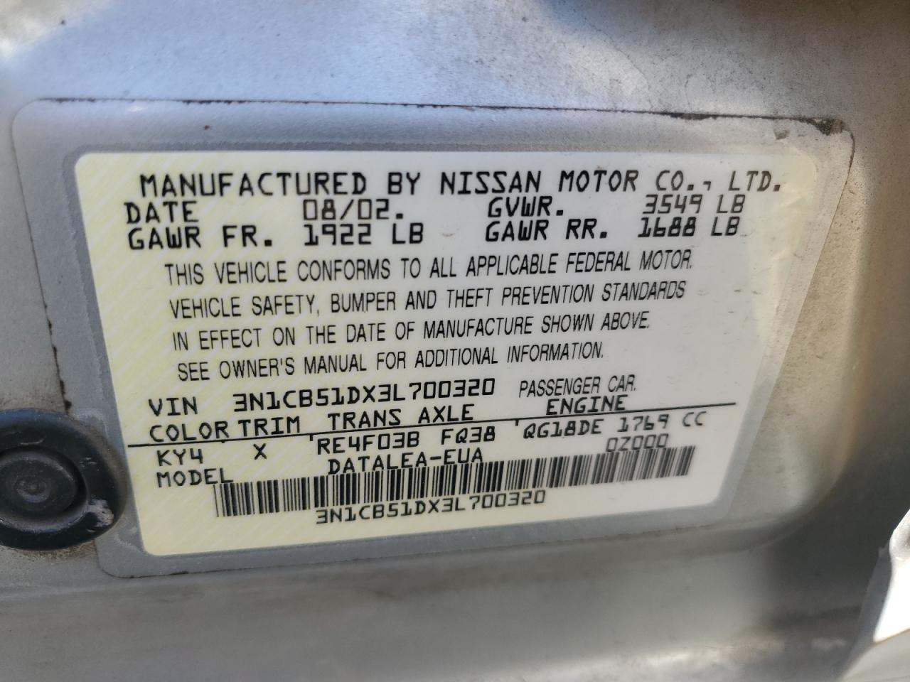 3N1CB51DX3L700320 2003 Nissan Sentra Xe