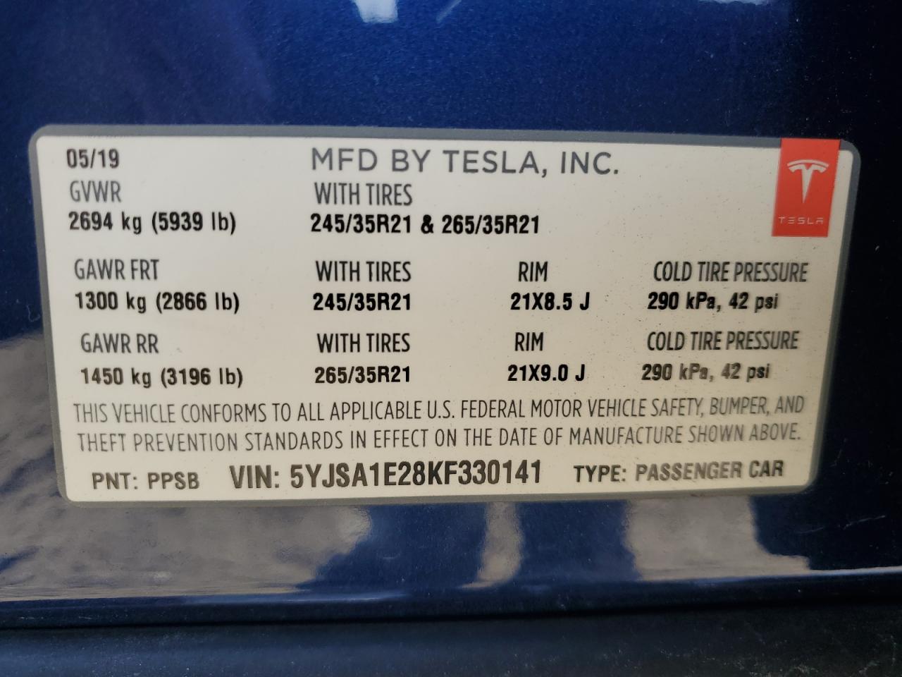 5YJSA1E28KF330141 2019 Tesla Model S