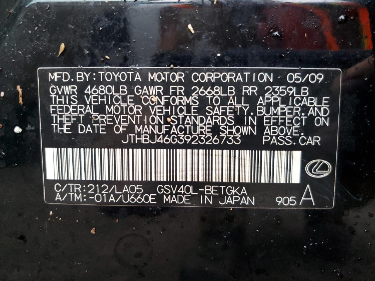 2009 Lexus Es 350 VIN: JTHBJ46G392326733 Lot: 75909544