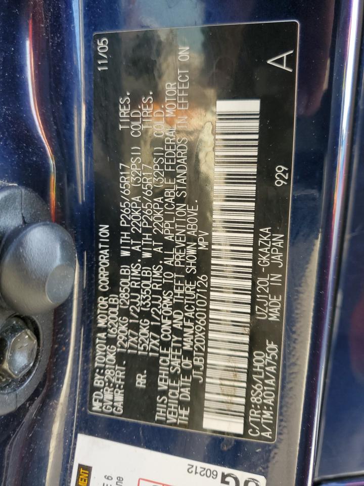 2006 Lexus Gx 470 VIN: JTJBT20X960107126 Lot: 77477244