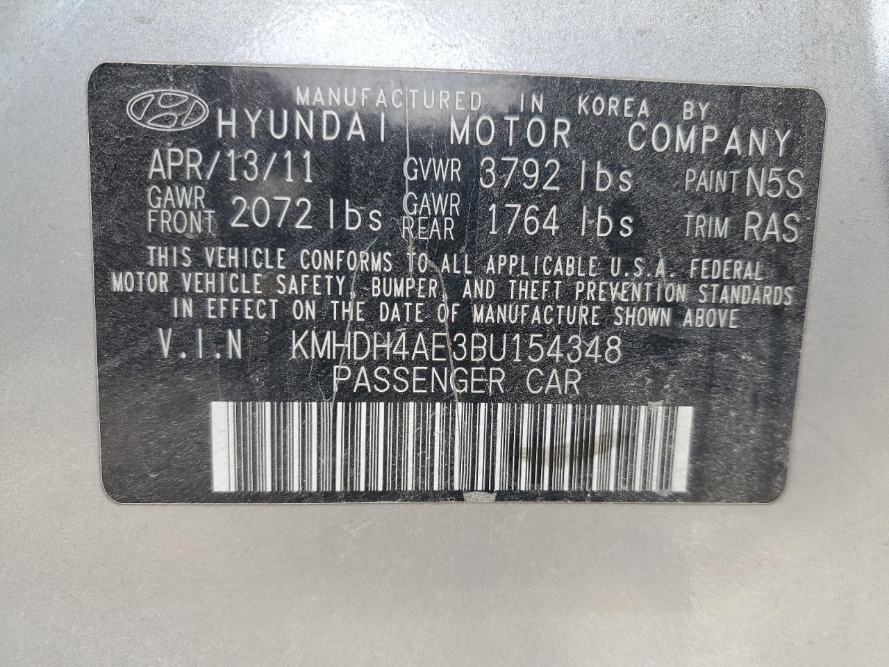 2011 Hyundai Elantra Gls VIN: KMHDH4AE3BU154348 Lot: 75950634