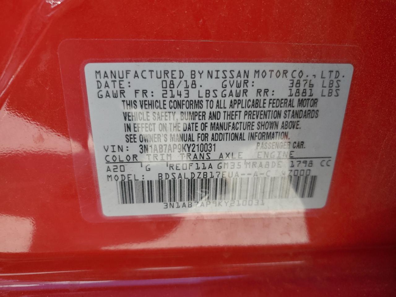 3N1AB7AP9KY210031 2019 Nissan Sentra S