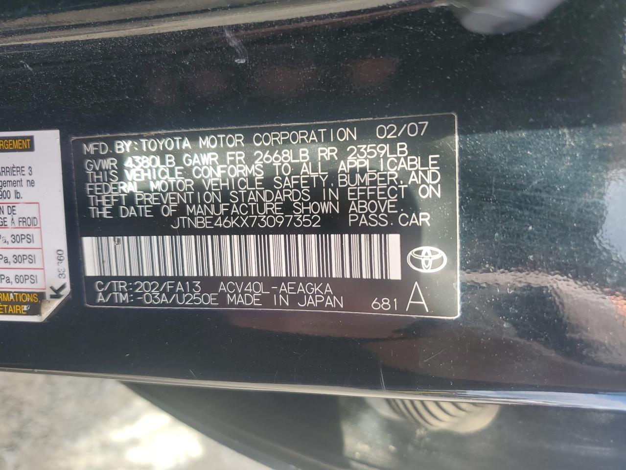 JTNBE46KX73097352 2007 Toyota Camry Ce