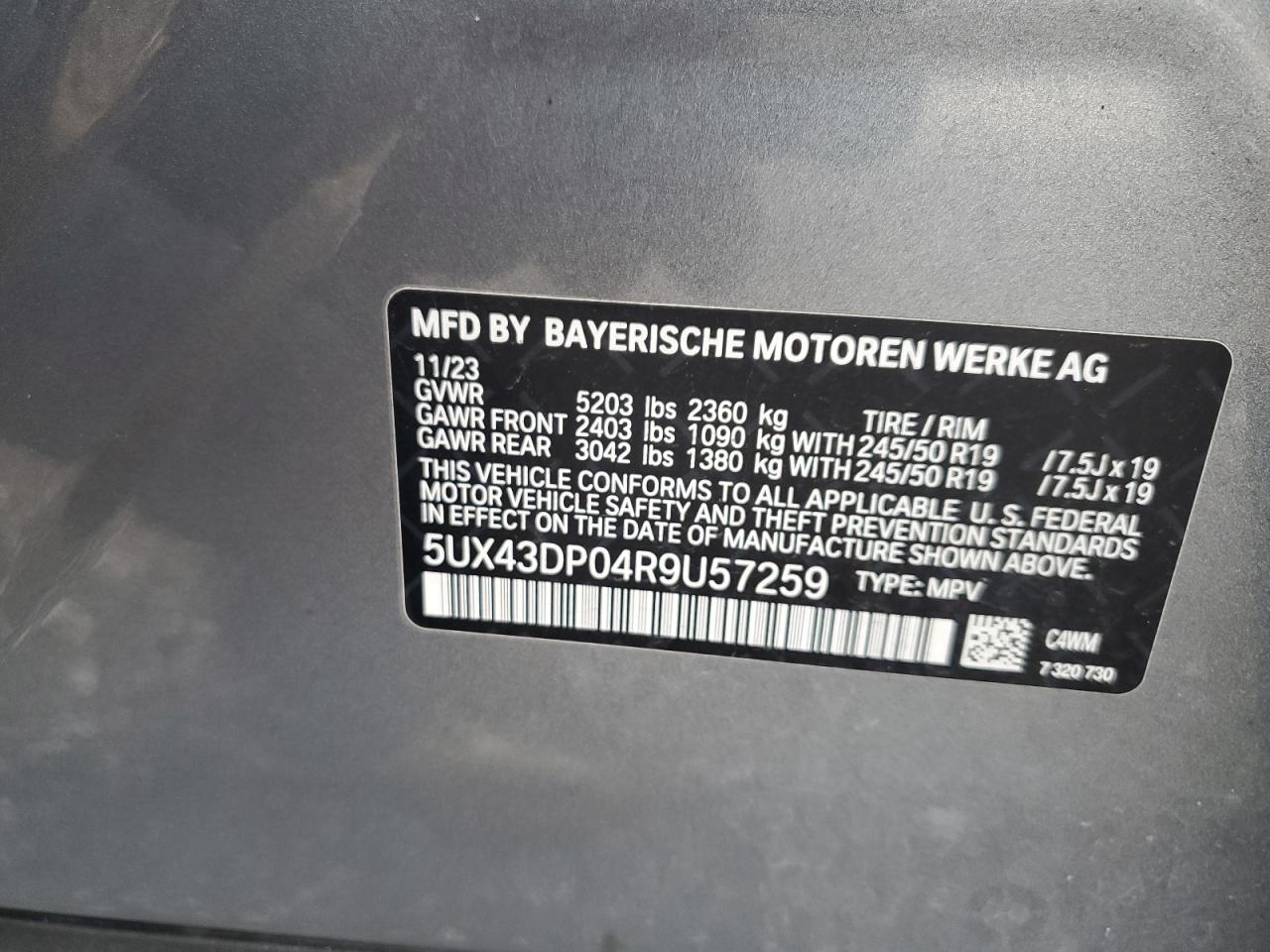 2024 BMW X3 Sdrive30I VIN: 5UX43DP04R9U57259 Lot: 77736284