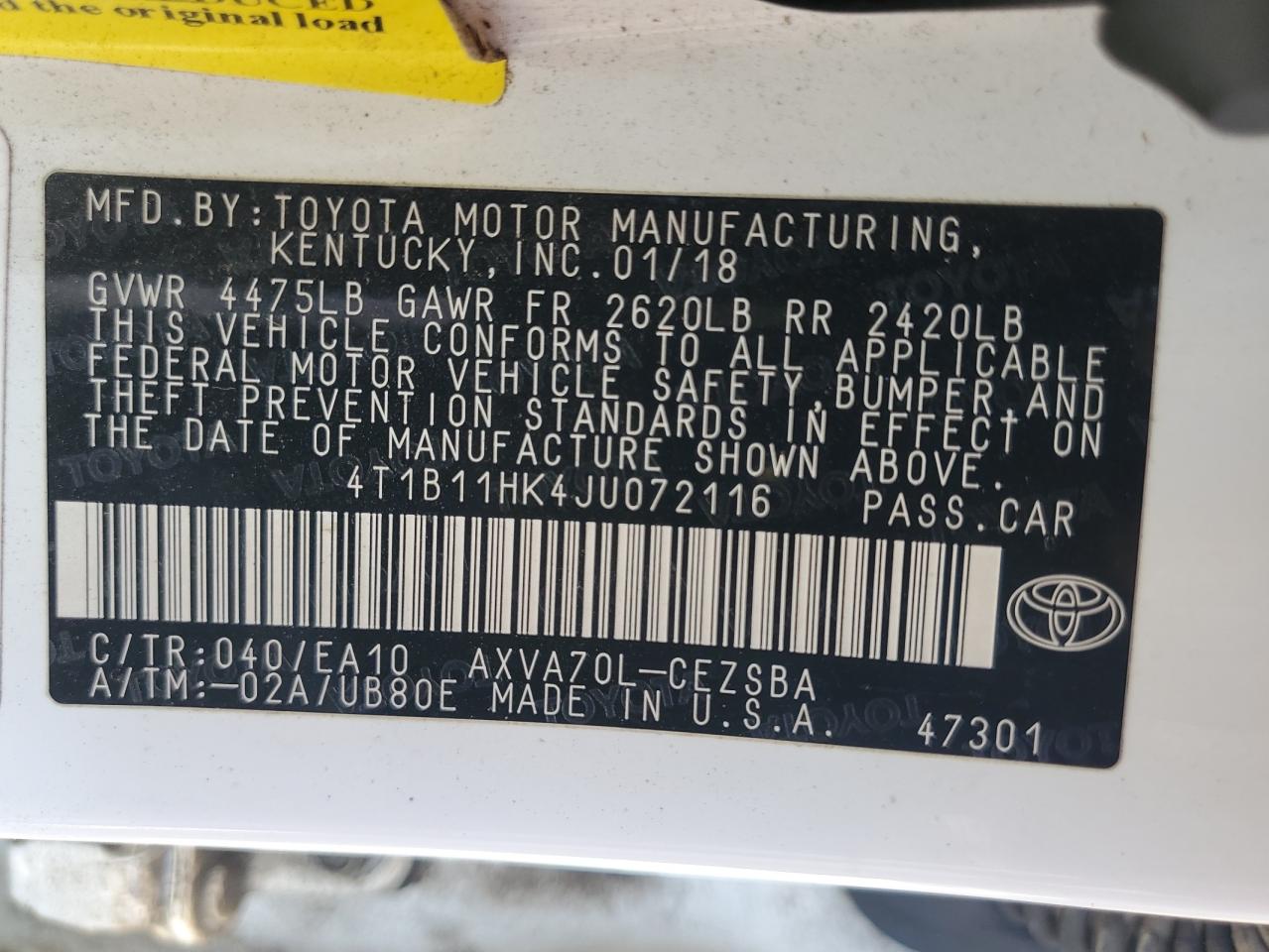 2018 Toyota Camry L VIN: 4T1B11HK4JU072116 Lot: 74133684