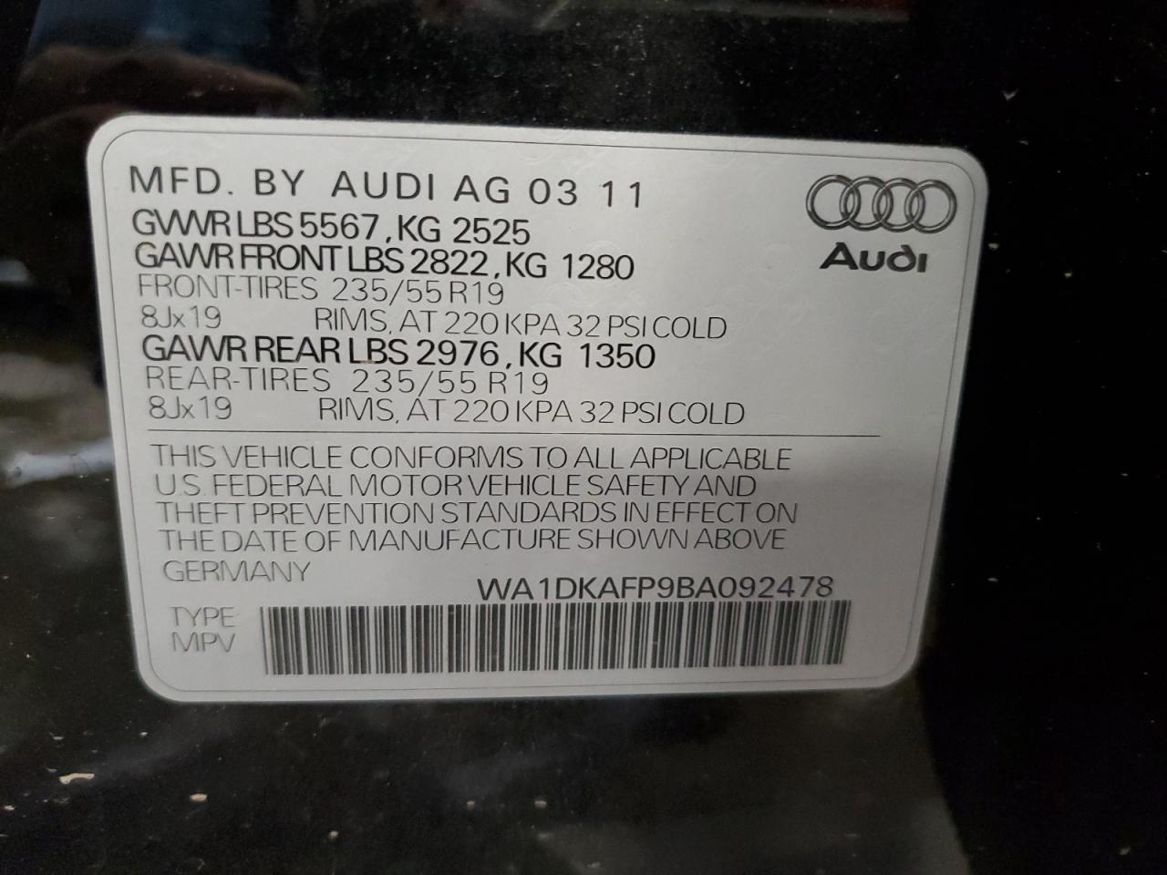 2011 Audi Q5 Premium Plus VIN: WA1DKAFP9BA092478 Lot: 78373094