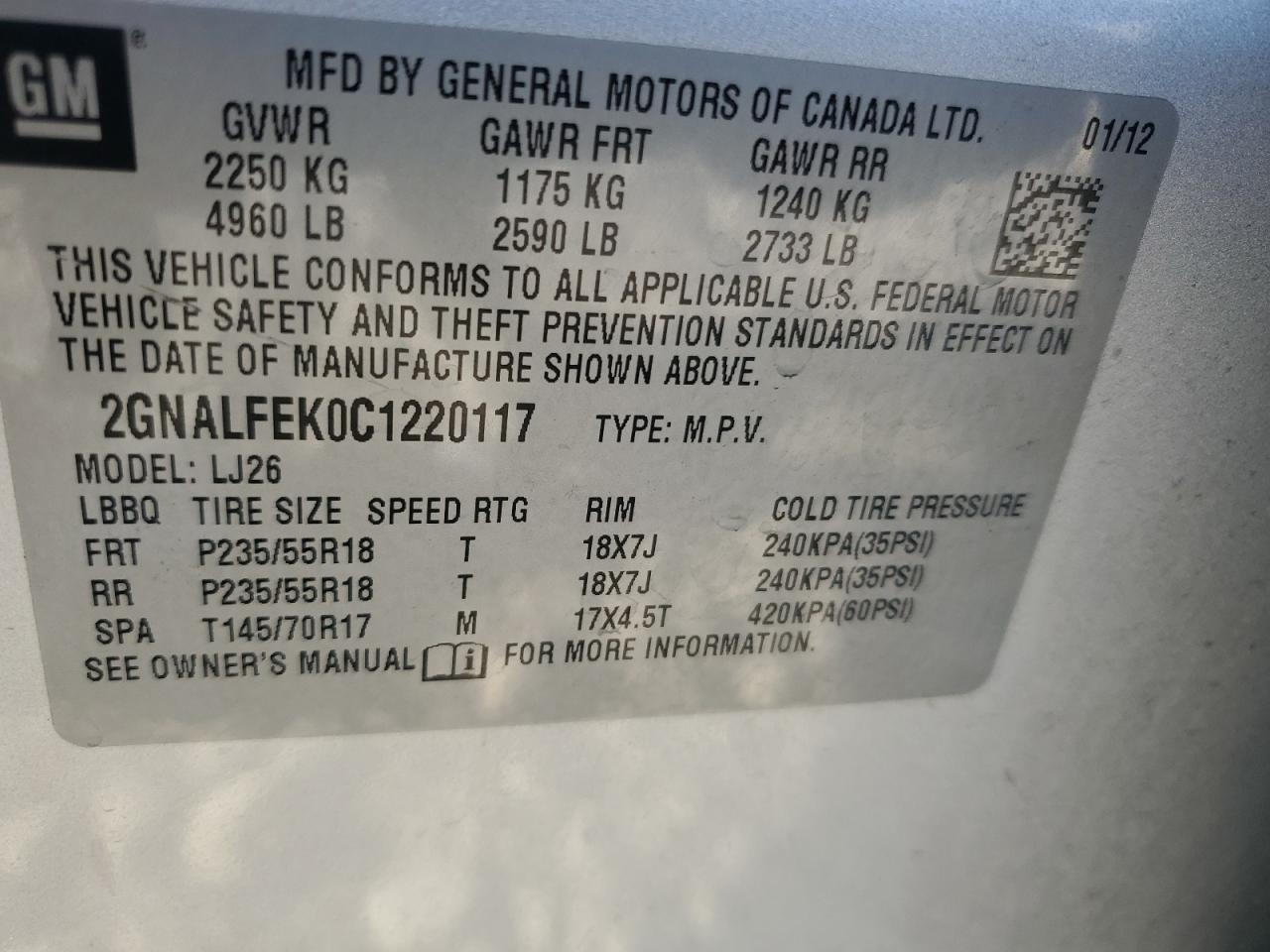 2GNALFEK0C1220117 2012 Chevrolet Equinox Ltz