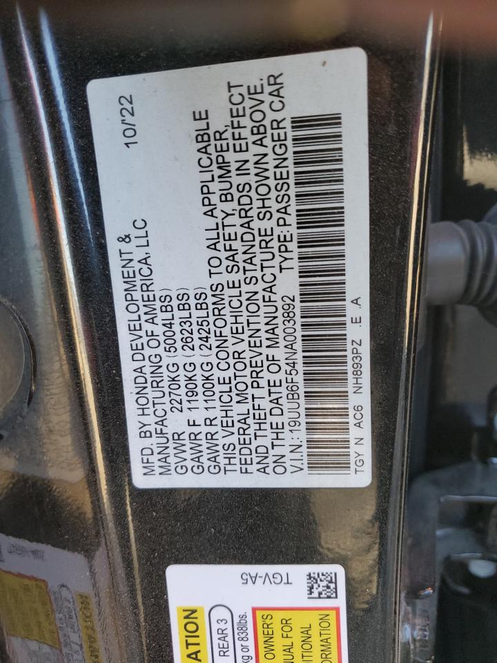 2022 Acura Tlx Tech A VIN: 19UUB6F54NA003892 Lot: 74698524