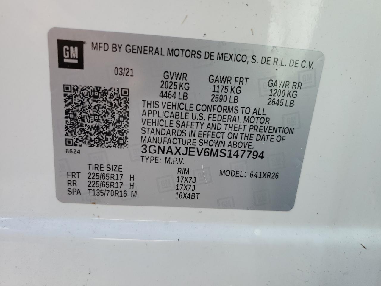 2021 Chevrolet Equinox Lt VIN: 3GNAXJEV6MS147794 Lot: 75250124