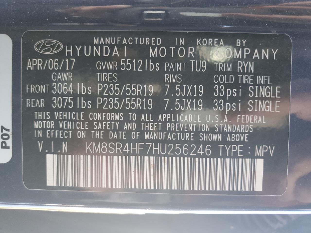 KM8SR4HF7HU256246 2017 Hyundai Santa Fe Se Ultimate