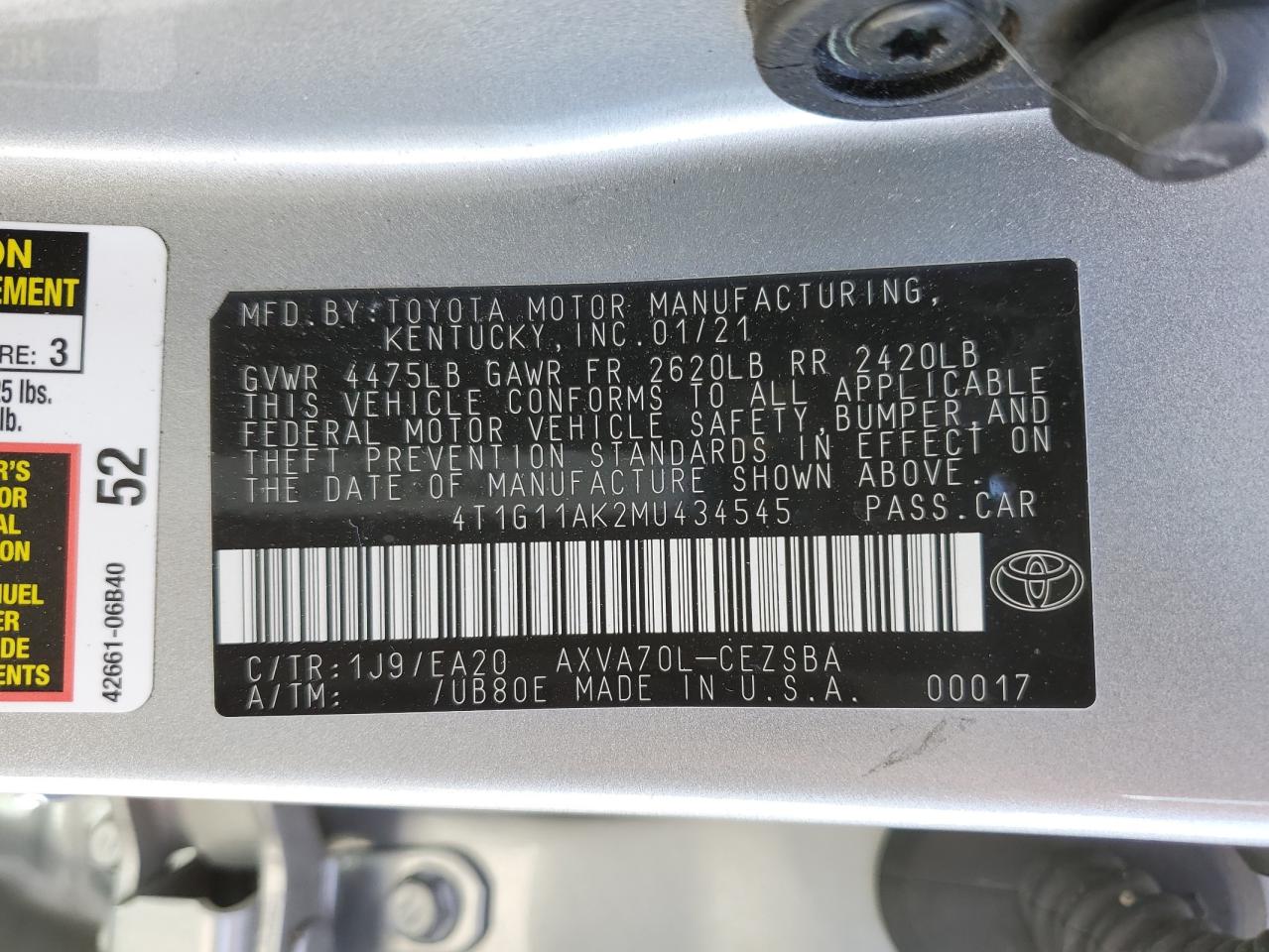 4T1G11AK2MU434545 2021 Toyota Camry Se