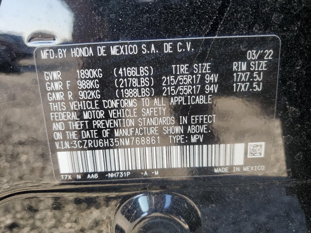 3CZRU6H35NM768861 2022 Honda Hr-V Lx