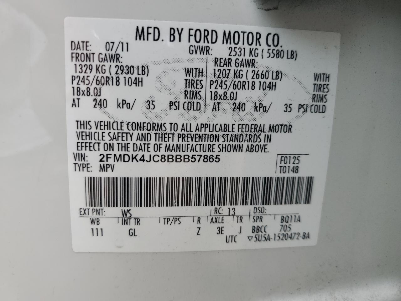 2FMDK4JC8BBB57865 2011 Ford Edge Sel