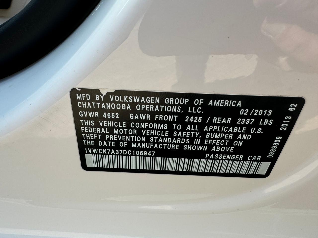 2013 Volkswagen Passat Sel VIN: 1VWCN7A37DC106947 Lot: 78696374