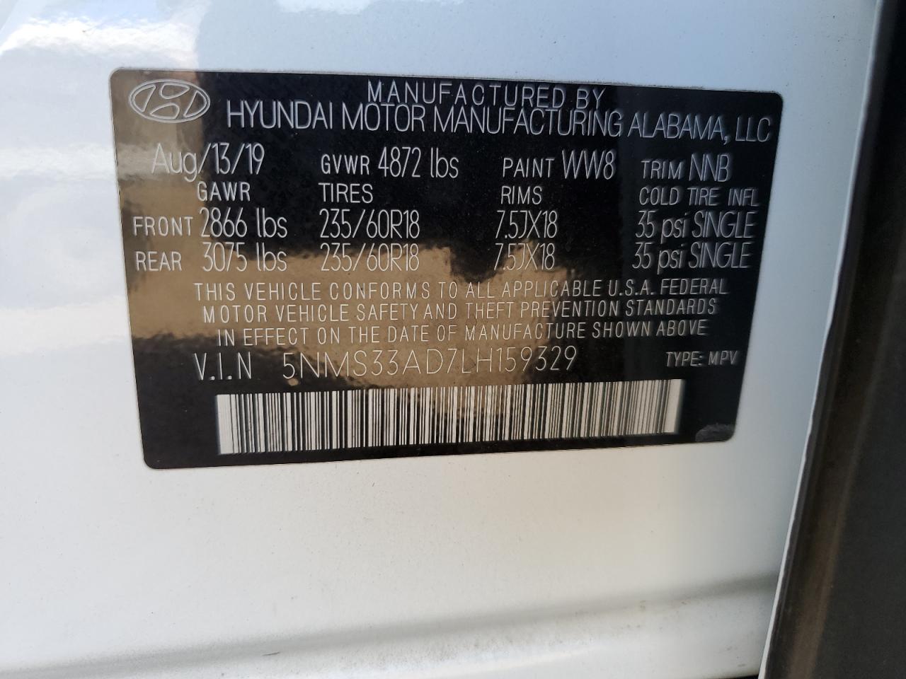 5NMS33AD7LH159329 2020 Hyundai Santa Fe Sel