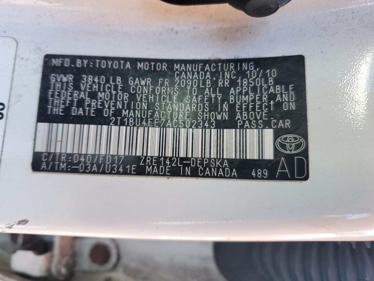 2T1BU4EE7AC502343 2010 Toyota Corolla Base