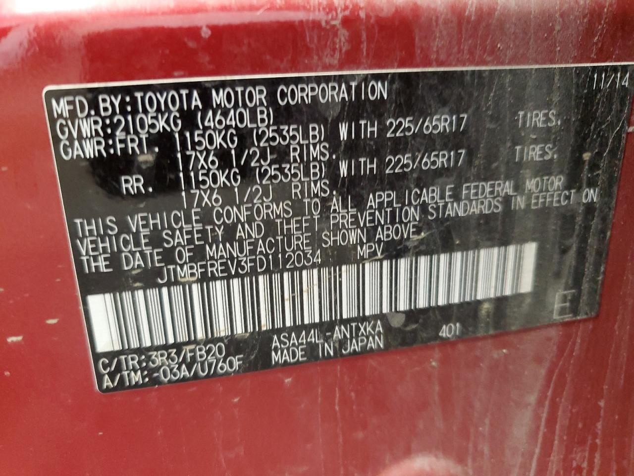 JTMBFREV3FD112034 2015 Toyota Rav4 Le