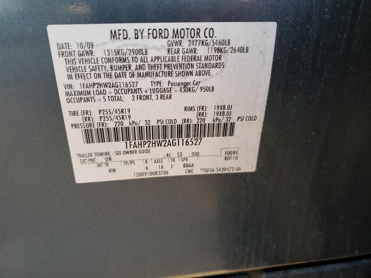 2010 Ford Taurus Sel VIN: 1FAHP2HW2AG116527 Lot: 74031014