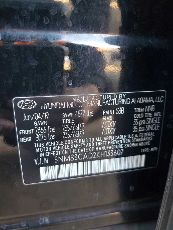 5NMS3CAD2KH133607 2019 Hyundai Santa Fe Sel