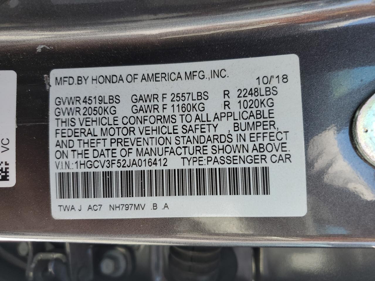 1HGCV3F52JA016412 2018 Honda Accord Hybrid Exl