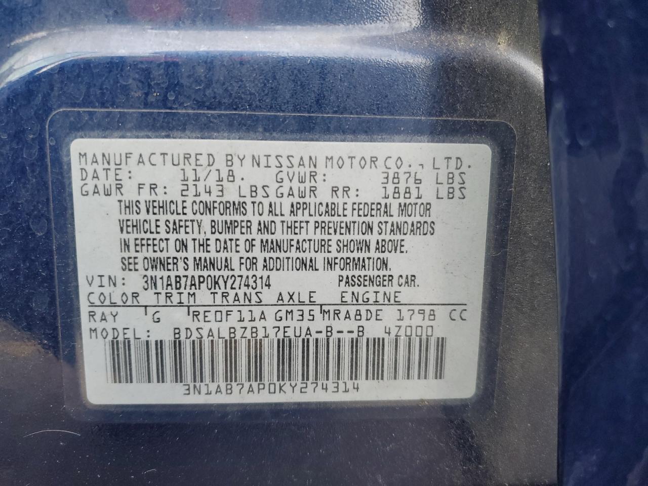 3N1AB7AP0KY274314 2019 Nissan Sentra S