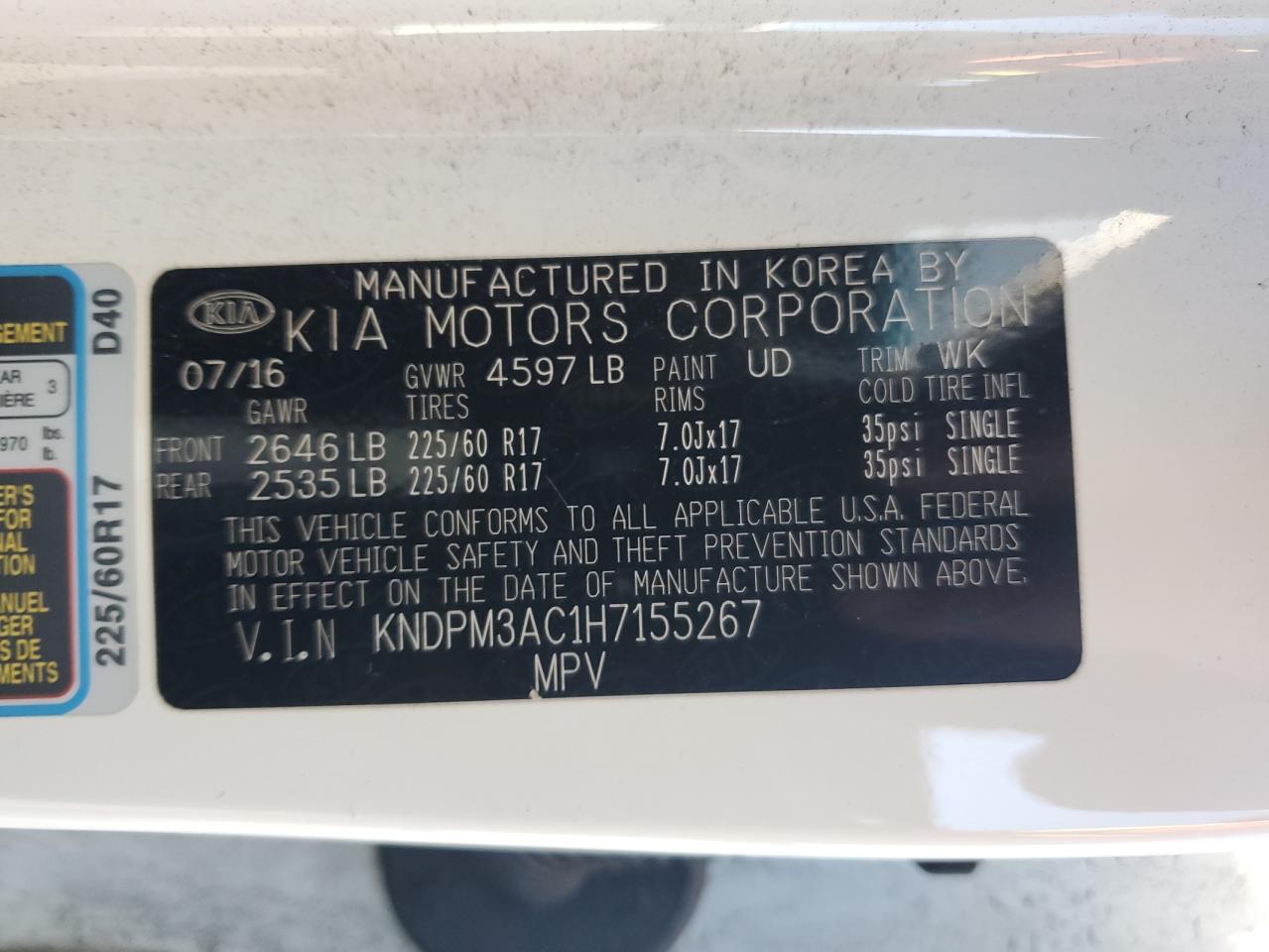 2017 Kia Sportage Lx VIN: KNDPM3AC1H7155267 Lot: 76235134